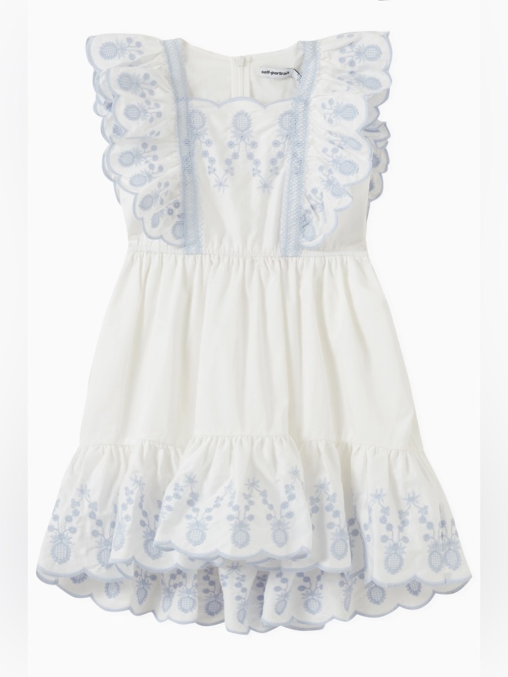 Self-Portrait White Dress with Light Blue Embroidery for Kids